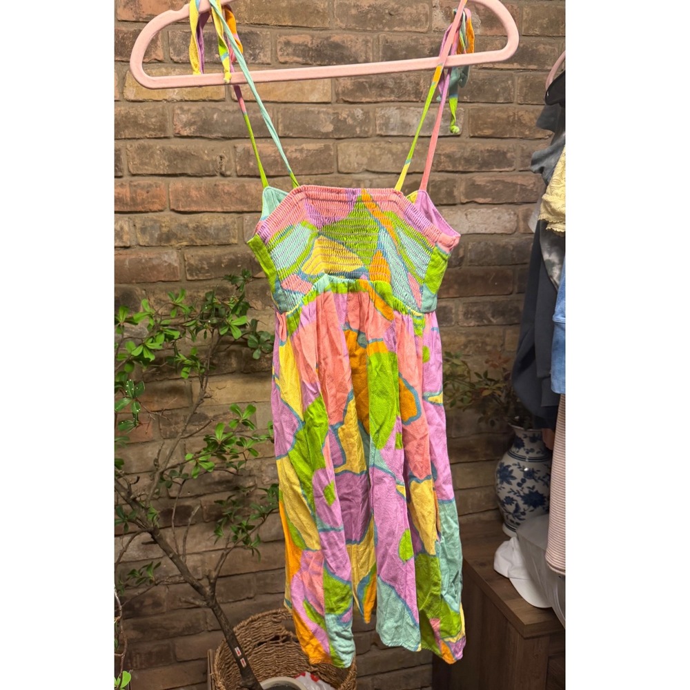 Show Me Your Mumu XS Mini Dress Multi Color Abstract Floral Tie Strap Smocked - Picture 3 of 5